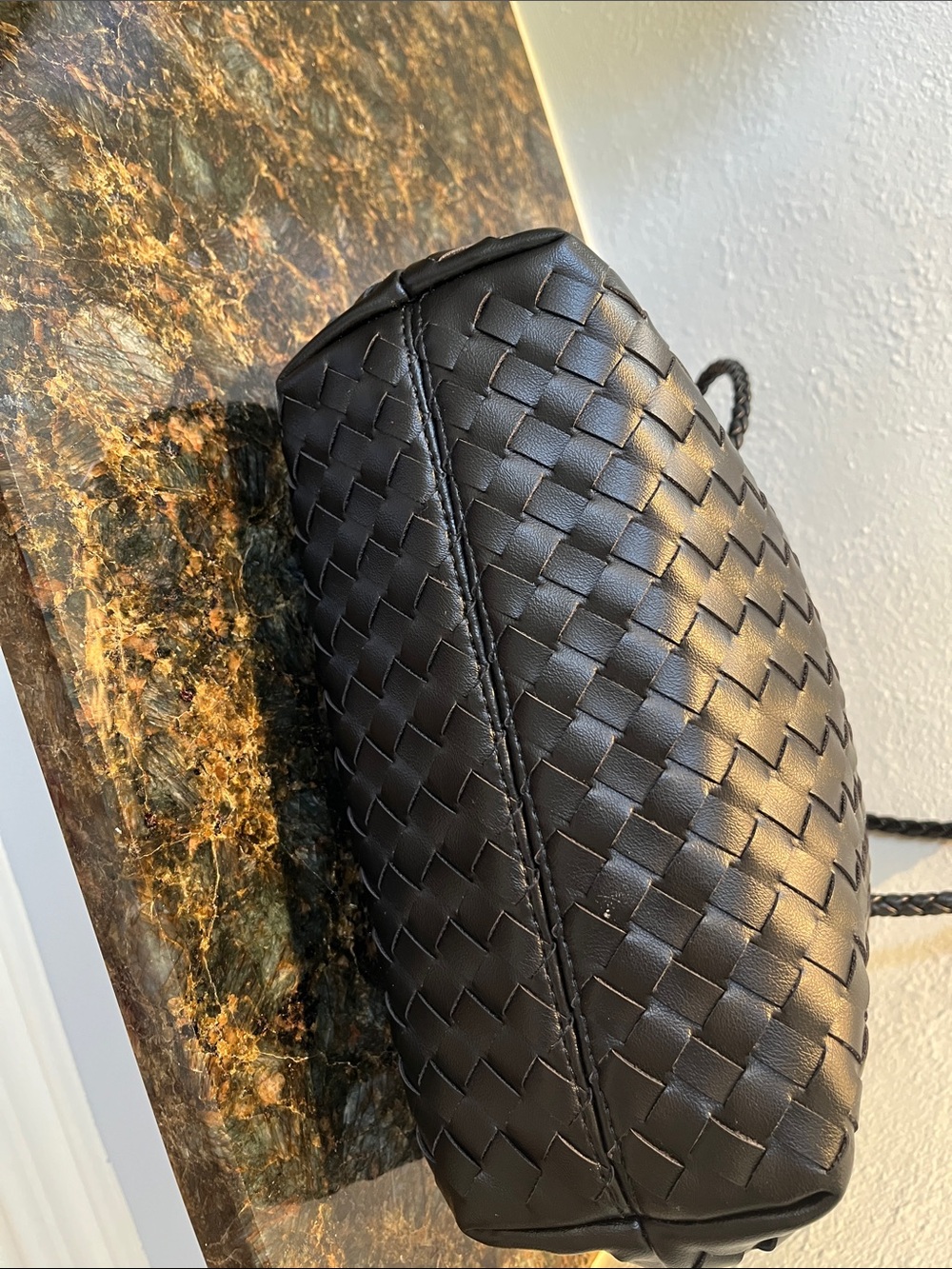 Black Woven Leather Shoulder Tote with Braided Strap and Gold Accent - Picture 4 of 6